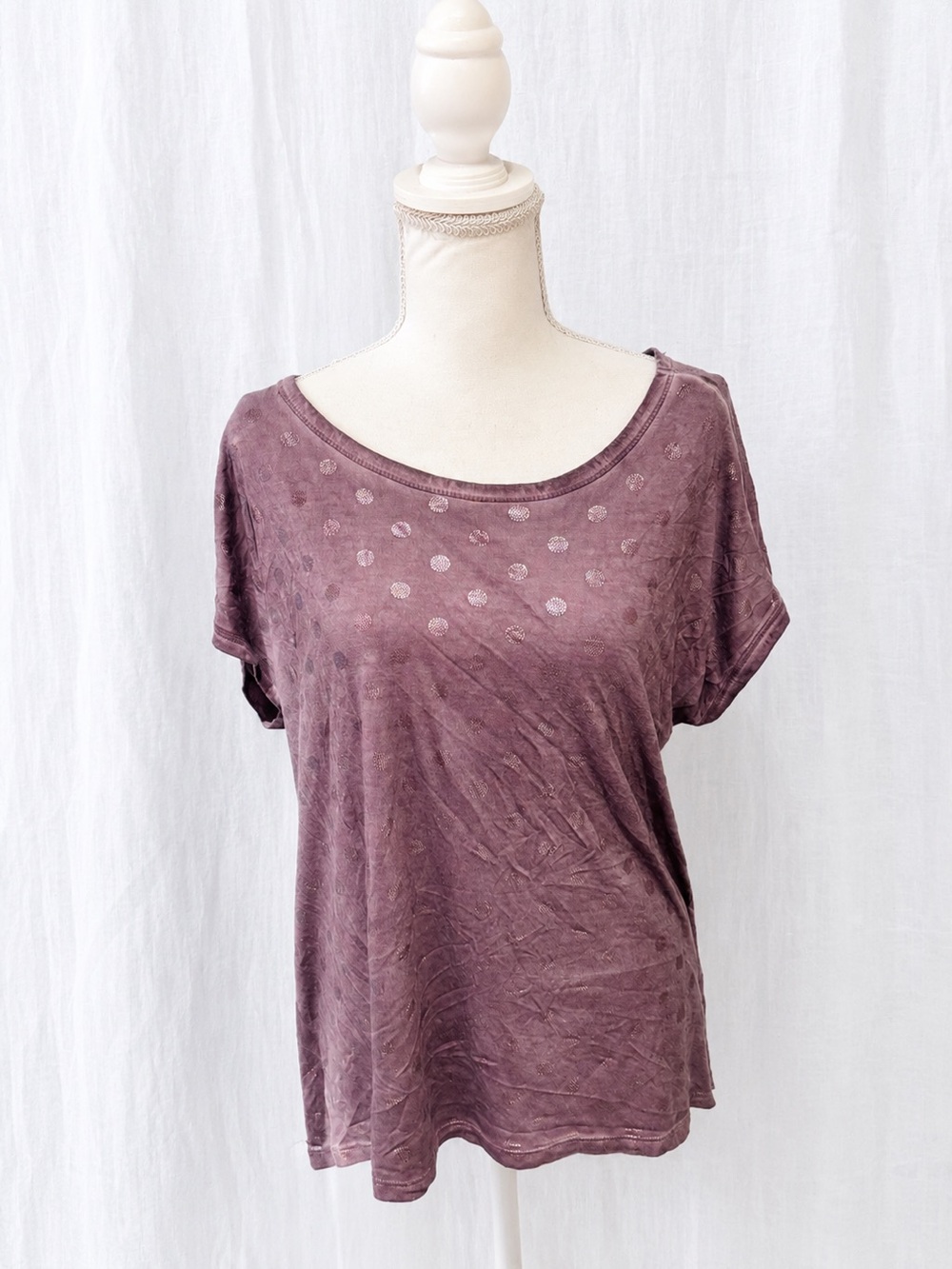 Dantelle Mauve Short Sleeve Scoop Neck Top with Polka Accents